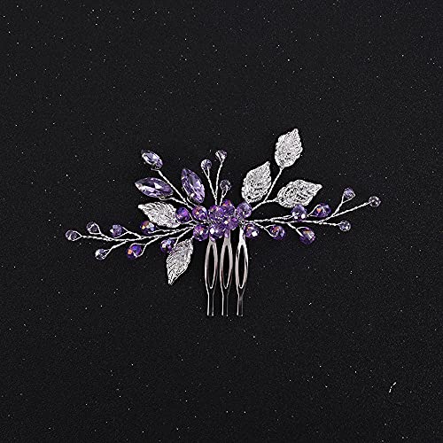 Wedding Crystal Leaf Hair Comb Clip for Bride Bridesmaid Flower Girl - Purple & Silver