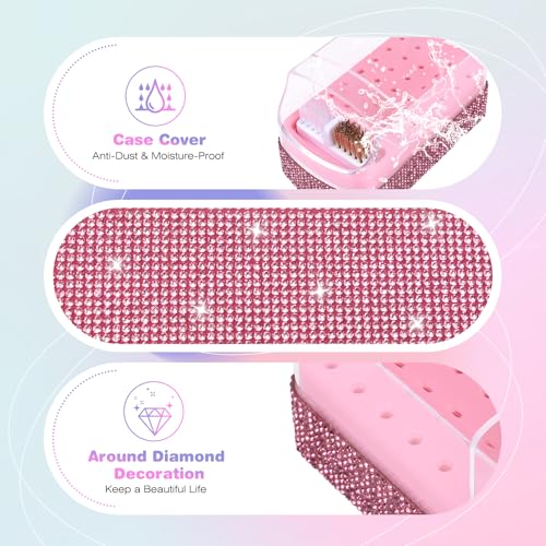 Pink 2-in-1 Nail Drill Bits Holder Case with Rhinestones and Cleaning Brush