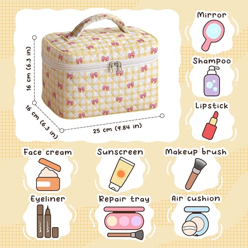 MYSMOR Large Quilted Makeup Bag, Yellow Gingham Cosmetic Case with Bows
