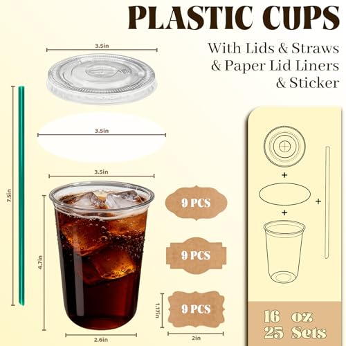 16 oz Clear Plastic Cups with Lids & Straws - 25 Sets for Cold Drinks