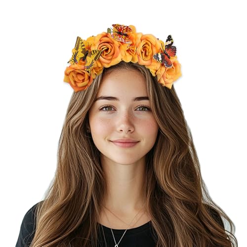 Mexican Rose Flower Crown Headband - Butterfly 1 Orange Elastic
