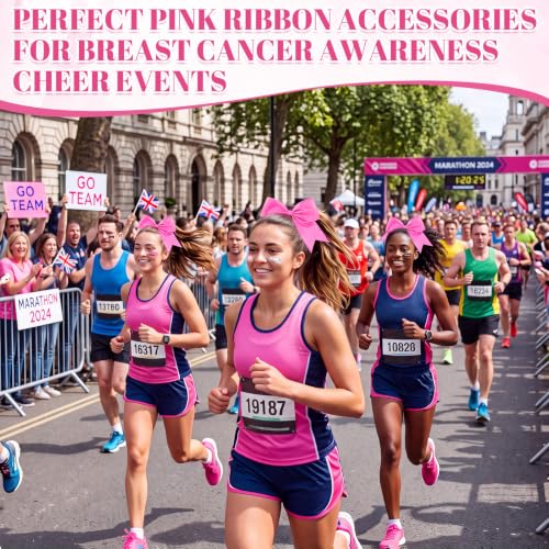 Tisancy 8" Large Pink Cheer Hair Bows & 15 Breast Cancer Tattoos