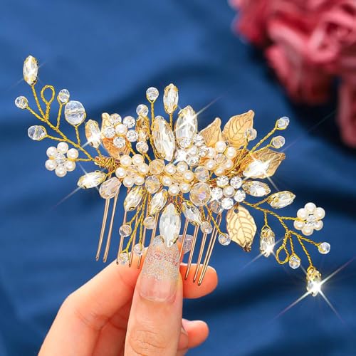 JEAIRTS Gold Crystal Hair Comb - Bridal Pearl Headpiece for Weddings
