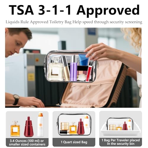 AURUZA 3-Piece Clear TSA Approved Travel Toiletry & Makeup Organizer Bag Set