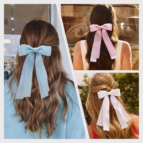 GiLi 3PCS Colorful Hair Bows for Women Girls - White Blue Pink Ribbon Clips