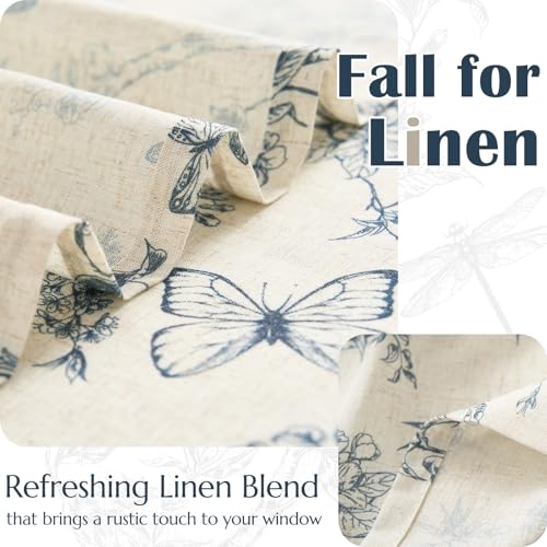 Floral Linen Blend Cafe Curtains 36 Inch - 2 Panels Blue