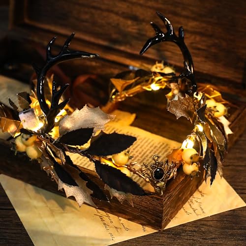 MOSTORY Light Up Antler Crown, Dark Elf Flower Circlet for Renaissance Fair