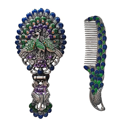 Rayberro Blue Peacock Vintage Handheld Mirror & Comb Set