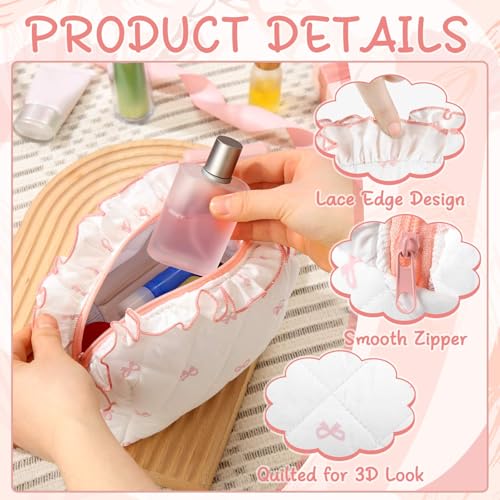 Kacctyen Pink Bow Quilted Makeup Bag Set - Travel Cosmetic Pouch for Women & Girls