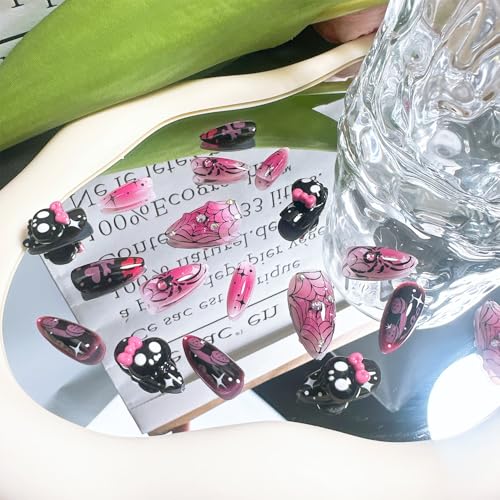 FDSQHSA Halloween 30 Pcs Almond Press On Nails Medium with 3D Skull Spider Web Rhinestones - Variation Halloween-21