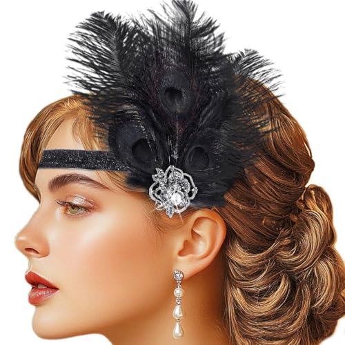 1920s Flapper Headband with Black Feather & Peacock Accent