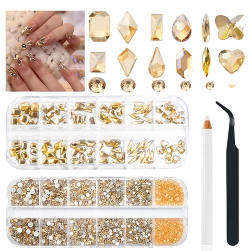 2680 Pcs Champagne Gold Nail Rhinestones & 120 Pcs Charms Set