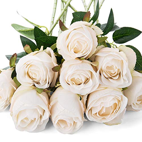 10pcs Long Stem Artificial Silk Rose Flowers - White DIY Decor