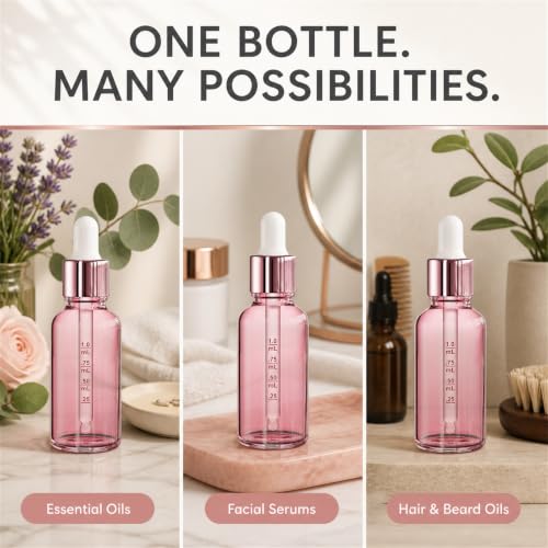PrettyCare 4 Pack 1oz Rose Glass Dropper Bottles for Essential Oils - Leakproof Tincture & Beauty Bottles with Labels & Funnels