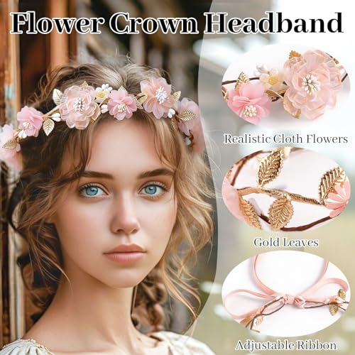 Hot Pink Bohemian Flower Crown Headband with Gold Leaves - Adjustable