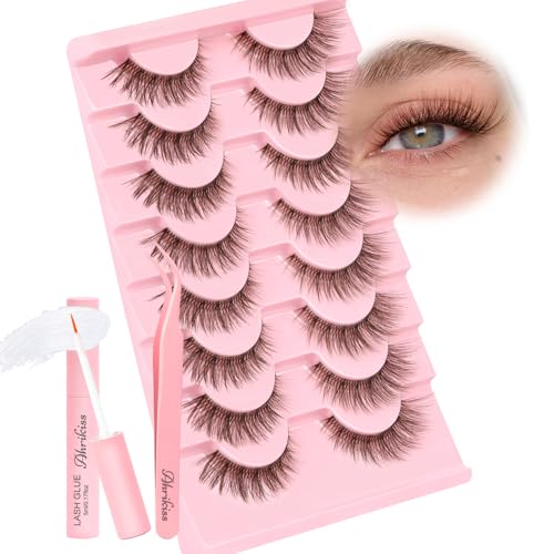 Ahrikiss Ethereal Brown Cat Eye Lashes Kit - Natural Look, 8 Pairs with Glue & Tweezers