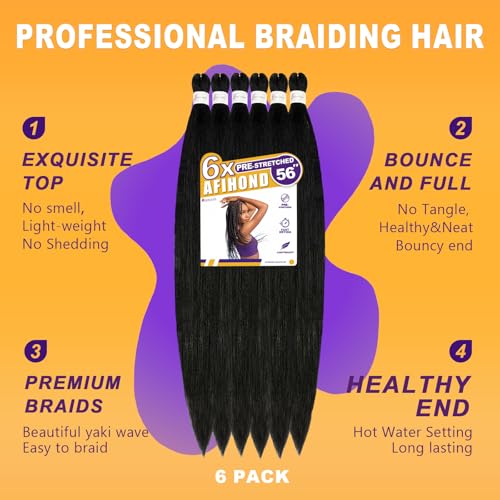Afihond Pre-Stretched Braiding Hair Extensions OFF BLACK 28 Inch Pack of 6 - Natural Black