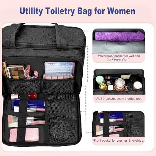 SMONT 11.5" Large Travel Toiletry Bag for Women, Waterproof Makeup & Cosmetic Organizer, Black