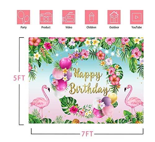 Tropical Hawaiian Birthday Backdrop - Flamingo & Palm Leaves 7x5FT