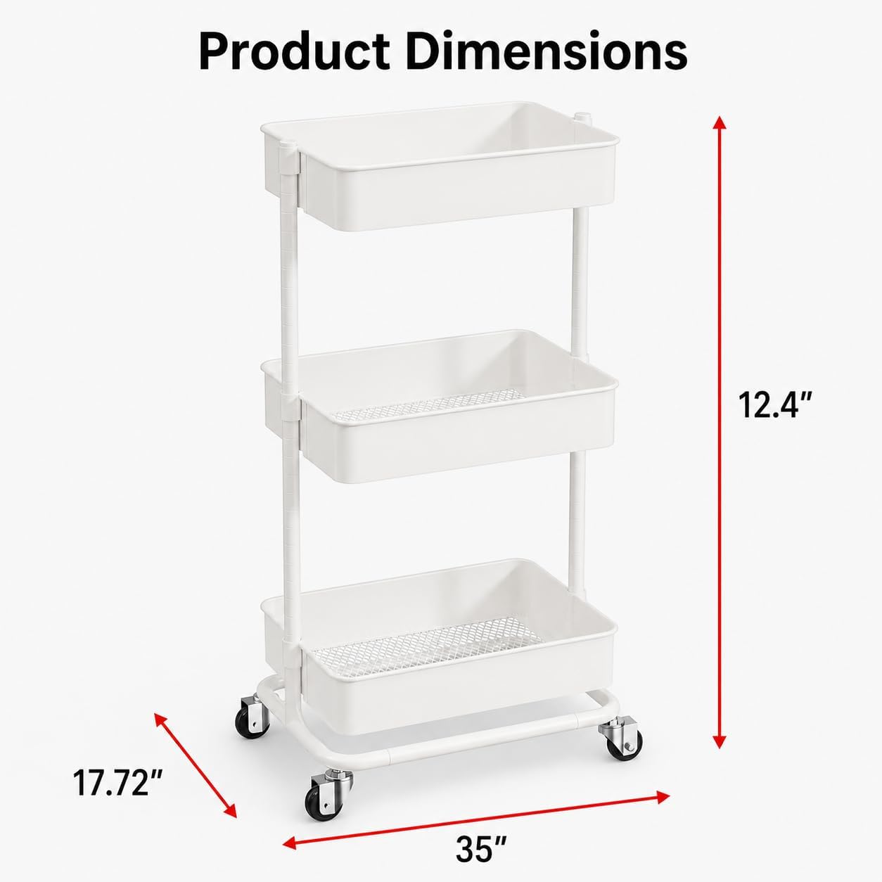 Utility Rolling Cart - Heavy Duty Metal Storage Organizer with Wheels | Portable 3-Tier Shelving Unit for Office, Bathroom, Kitchen (White)