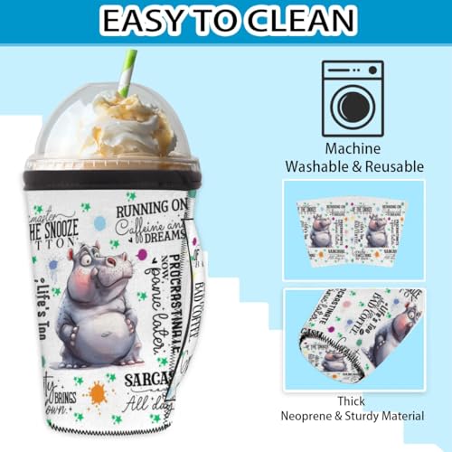Cute Hippo Neoprene Iced Coffee Sleeve with Handle - Large 30-32 oz
