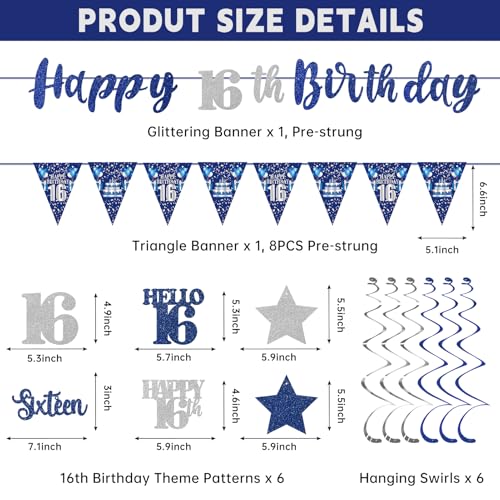 16th Birthday Decorations Kit - Blue Silver Banners & Swirls