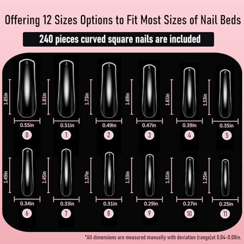 WELLQUINN XXL Curved Square Nail Tips - 240pcs Extra Long Full Cover Nails