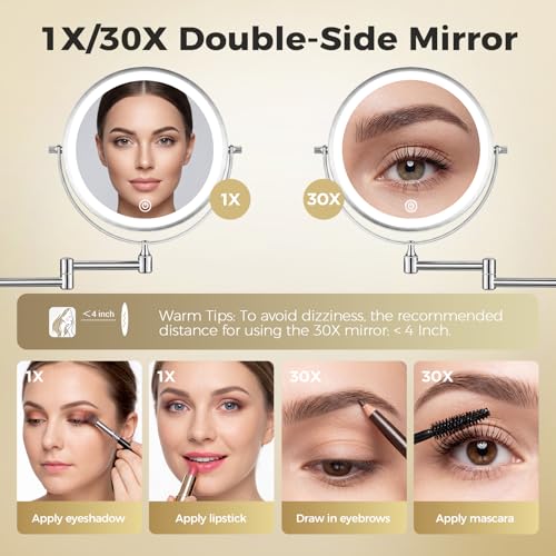 Wall Mounted Makeup Mirror with Light, 8 Inch 1X/30X Magnifying Mirror, Rechargeable 4000mAh, Double Sided, Extendable Arm, 360¡Æ Swivel Bathroom Mirror
