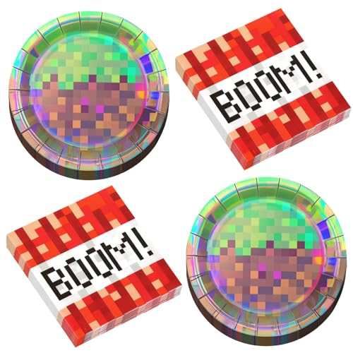 Pixel Party Plates and Napkins Set - 50 Pcs Disposable Tableware