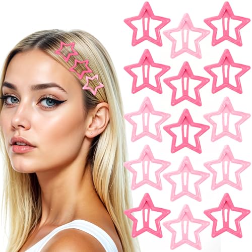 15 Pink Star Hair Clips - Y2K Snap Barrettes for Girls & Women