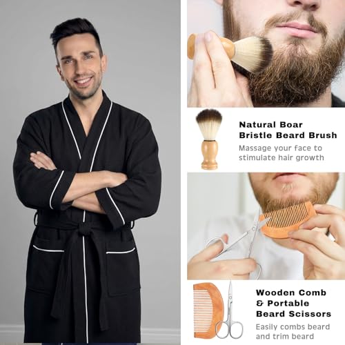 Shyyween 10 Pcs Birthday Gifts Baskets for Men Father Gift Get Well Soon Gifts Beard Care Set Graduation Gift for Him with Bathrobe, Wallet, Beard Comb & Brush Set for Dad Boyfriend Husband(Brown)