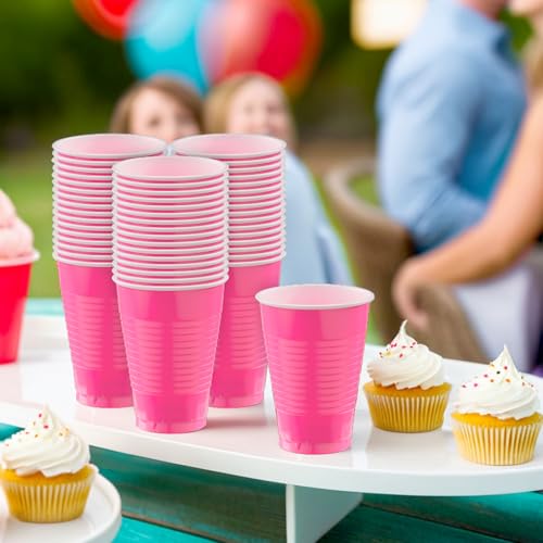 Amscan Bright Pink Plastic Cups - 12 oz, 50 Count, Heavy-Duty & Eco-Friendly