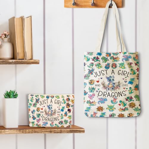 Dragon Print Canvas Tote Bag with Matching Cosmetic Zipper Pouch Set
