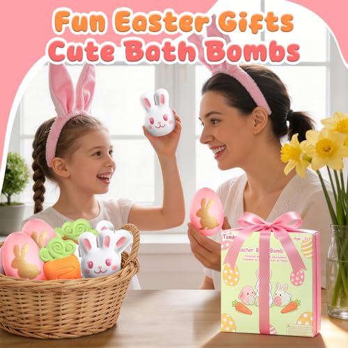 Tomkids Easter Bath Bombs for Kids - 6 Pack Bunny, Egg & Carrot Shapes