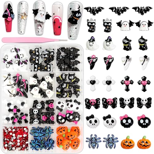 12 Grids Halloween Resin Nail Charms 3D Vintage Punk Spider Skull