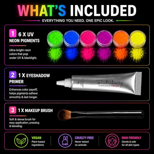 UV Neon Pro Kit – 6 Color UV Reactive Pigment Powder Set with Primer & Brush