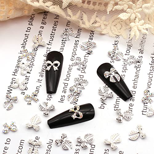 JERCLITY 30 Pieces Silver Bow Nail Charms – Bowknot Nail Studs with Iridescent/Clear Diamonds & Pearl