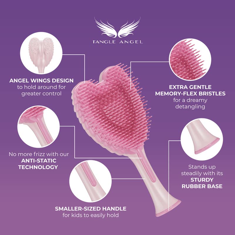 Tangle Angel Kids Mini Detangler Hairbrush Gloss Pink - Anti-Static, Soft & Gentle for Wet & Dry Hair