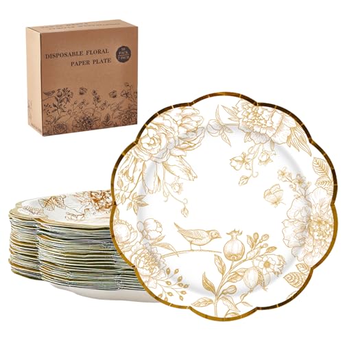 50 Pcs Gold Floral Paper Plates - 7 Inch Disposable Dessert Plates for Weddings & Parties