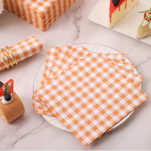 100 Pcs Orange Gingham Disposable Napkins - 6.5 Inch Scalloped Paper for Parties