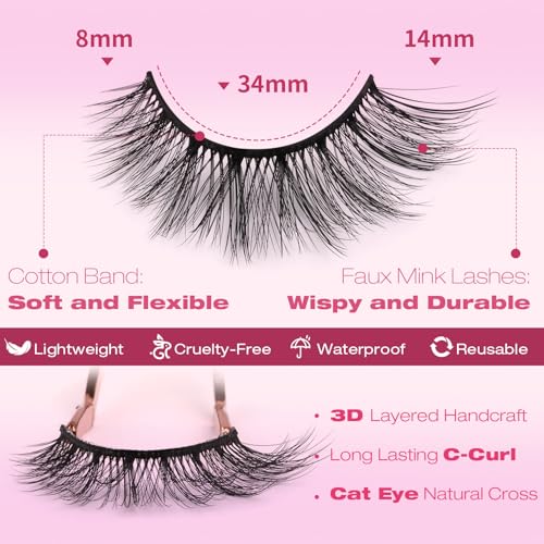 False Eyelashes 14mm Faux 3D Mink Lashes Natural Look Cat Eye Wispy Lashes Pack by Kiromiro, 14 Pairs