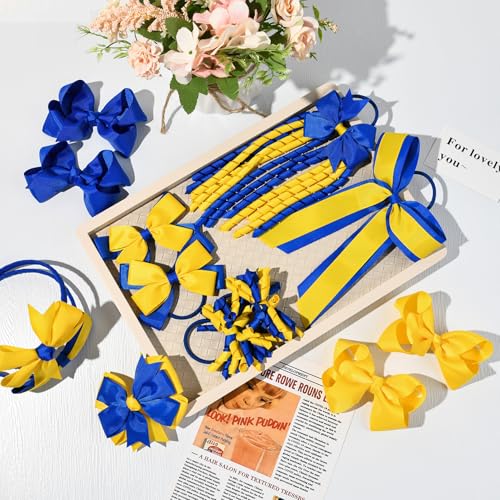 DEEKA 13 PCS Hair Accessories Set - Yellow & Royal Blue Bows & Clips