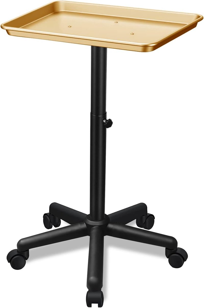 Premium Aluminum Rolling Tray - Adjustable Height Tattoo & Hairstylist Tray with Wheels | Gold Finish