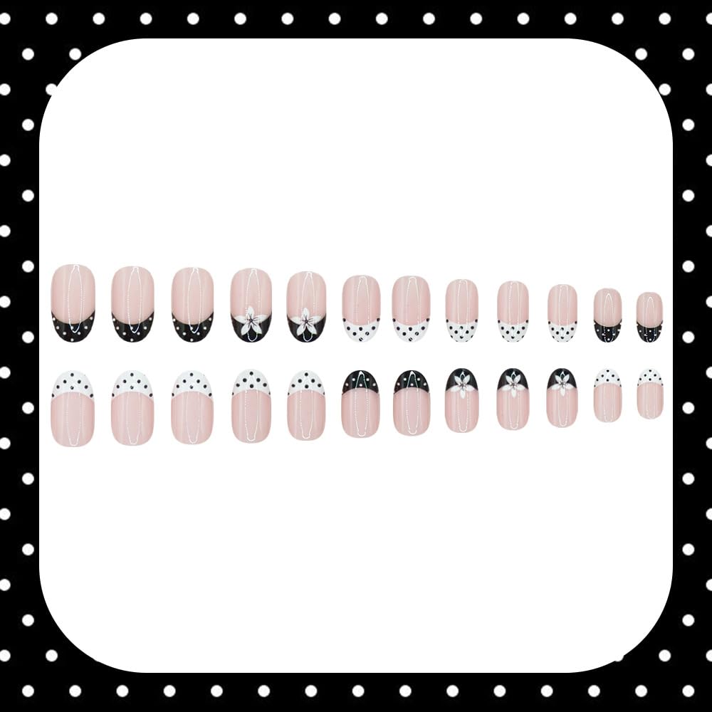 Medium Oval Press on Nails French Tip Fake Nails Glossy False Nail with Designs Flowers | Polka Dot,Cute Reusable Glue on Nail Full Cover Stick on Nails for Women Manicure 24Pcs