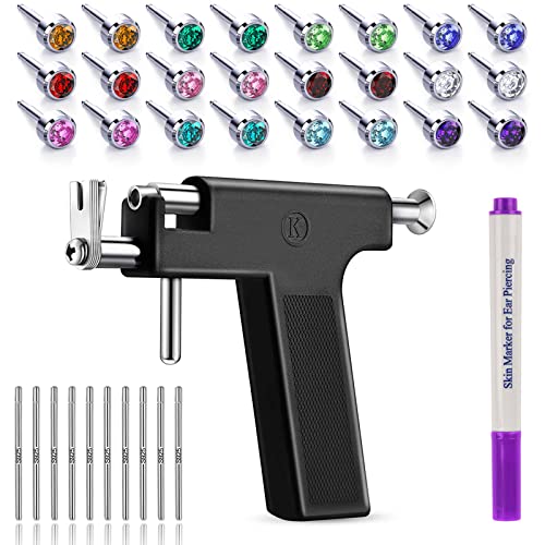 EOKOW Ear Piercing Gun Kit Black - Reusable Piercing Tool with 12 Color Diamonds, 10 S925 Silver Sticks, Stainless Steel & Safe Home Salon