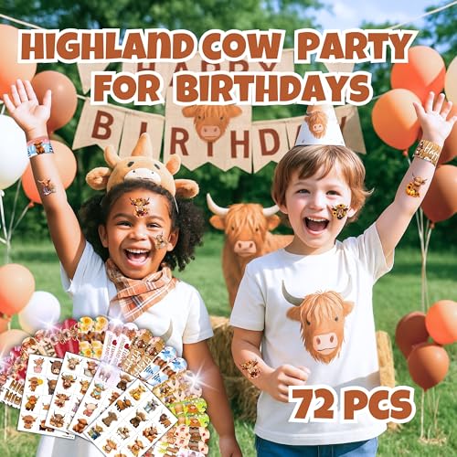 72PCS Highland Cow Party Favors with Tattoos & Slap Bracelets for Kids