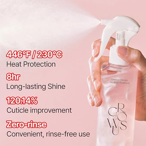 GROWUS Damage Therapy No-Wash Treatment - Leave-in Conditioner Spray & Heat Protectant for Dry Damaged Hair - Anti-Frizz Detangler with Pearl Protein, Softness & Radiant Shine, 8.45 fl.oz (Due Rose)