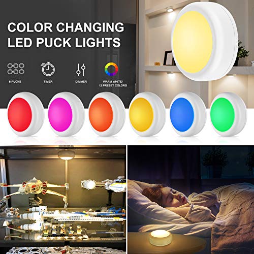 BLS LED Puck Lights with Remote Control - 13 Color Options, Battery Operated, 2 Pack