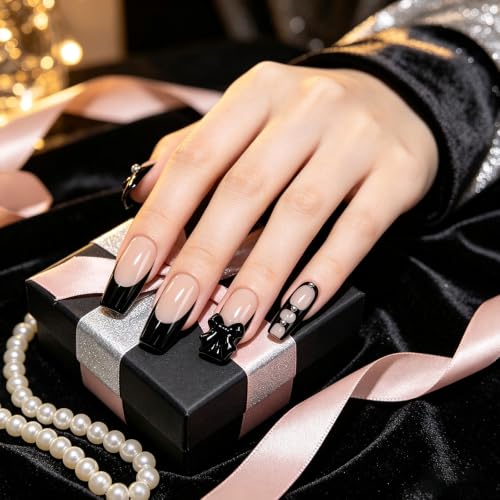 Medium Black French Tip Press on Nails with 3D Bow - Exylixor 662603MSQ