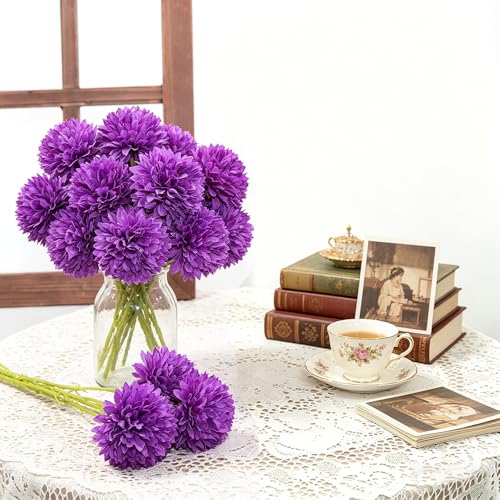 12 Pcs Purple Artificial Ball Chrysanthemum Bouquet for Decor